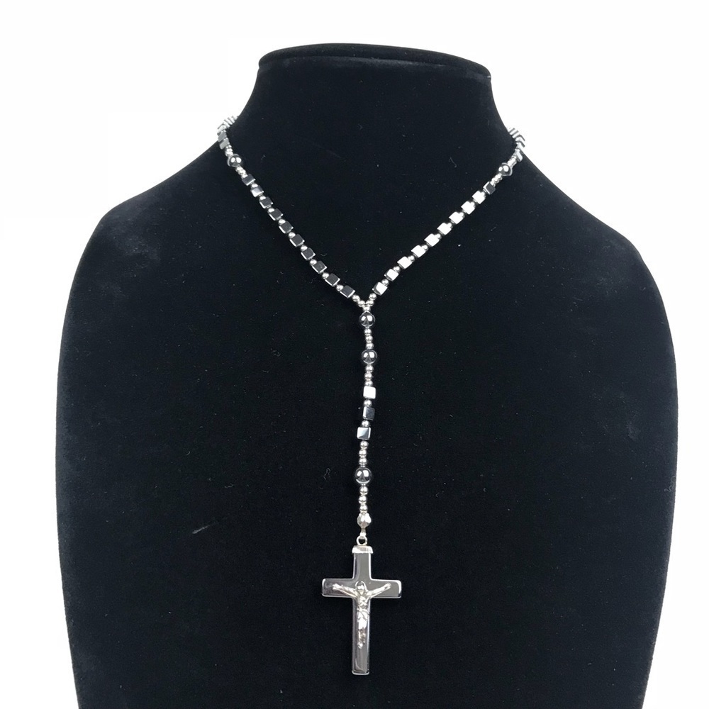 NEW Hematite Crucifix Christian Prayer Rosary Bead